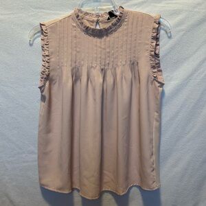 Ann Taylor Blouse Small Sleeveless Ruffled Mock Neck Pale Pink Pintuck Career